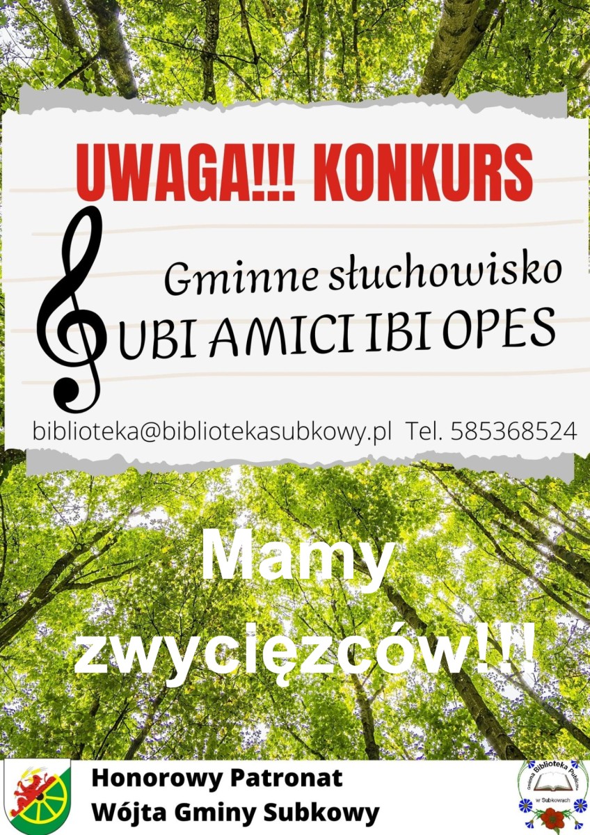 plakat, drzewo, logo Gminy Subkowy, logo Biblioteki Subkowy, napisy czarne i czerwone