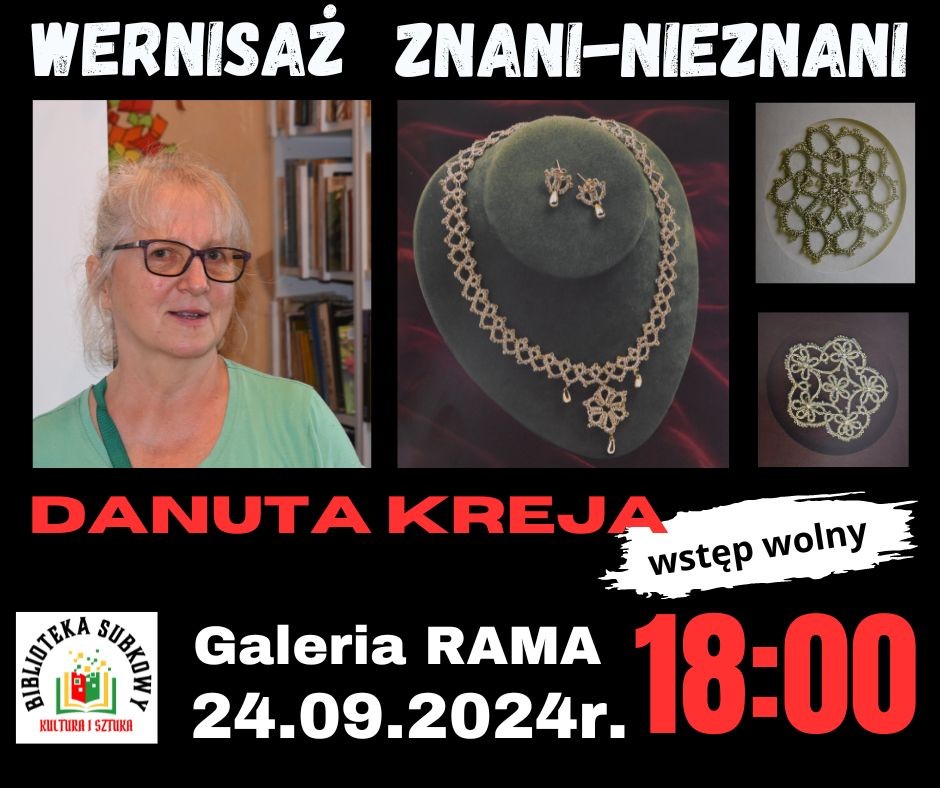 Plakat z logo Galerii RAMA oraz plakat informacyjny na czarnym tle białe i czerwone napisy, logo biblioteki, prace autorki