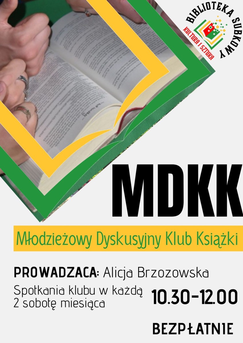 plakat informacyjny, napisy czarne i zielone, zdjęcie książki, logo biblioteki