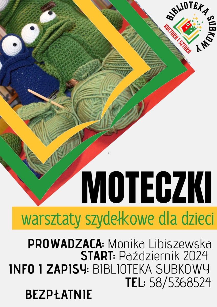 plakat informacyjny, napisy czarne i zielone, zdjęcie żaby na szydełku, logo biblioteki