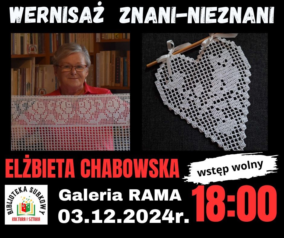 Plakat z logo Galerii RAMA oraz plakat informacyjny na czarnym tle białe i czerwone napisy, logo biblioteki, prace autorki