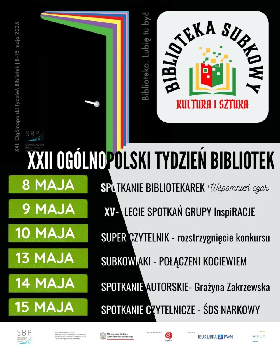 plakat informacyjny, na czarnym tle drzwi otwarte, logo biblioteki, organizatorzy, napisy czarne, szare, białe, zielone prostokąty