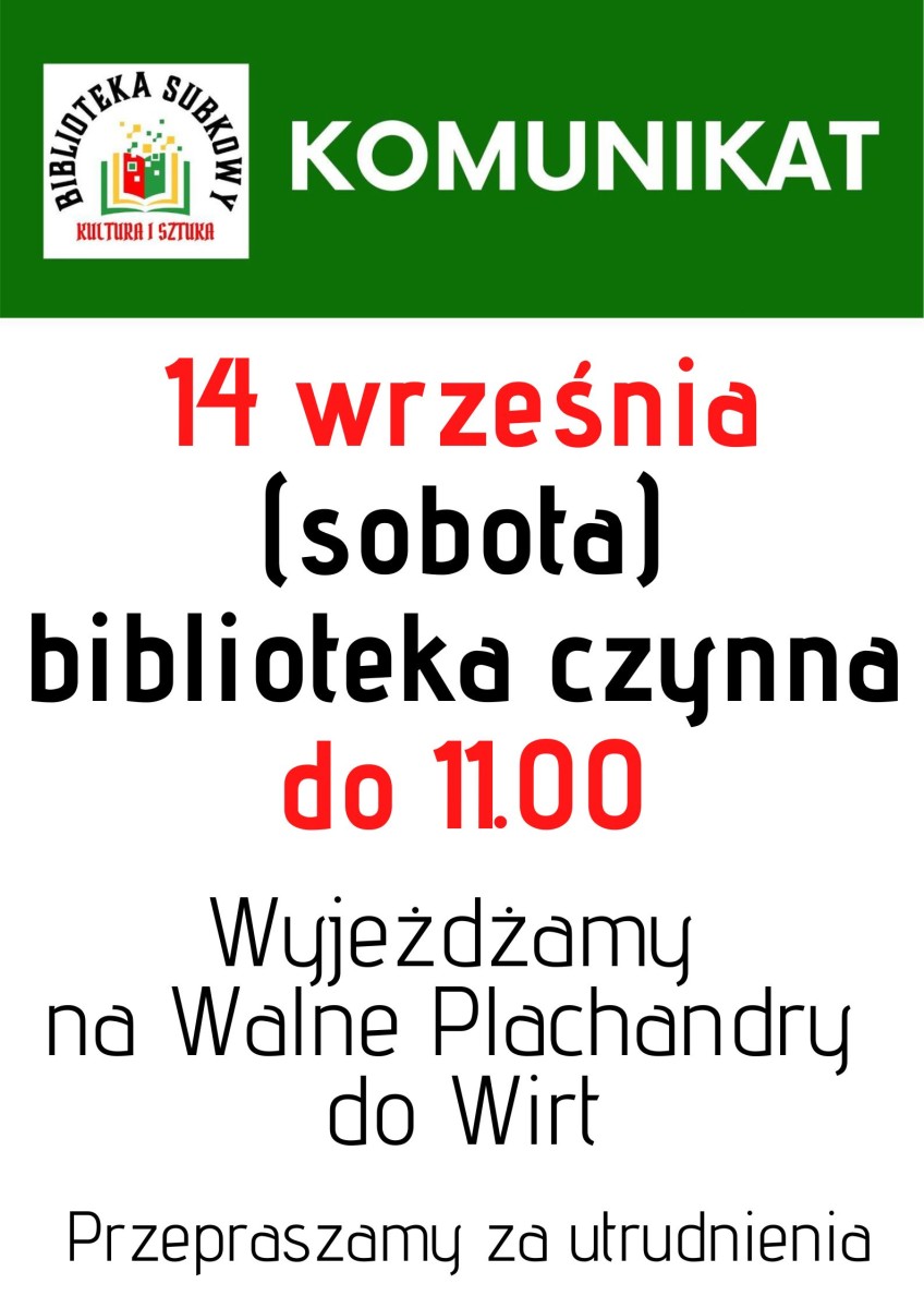 plakat, białe tło, zielony pasek, logo biblioteki, napisy czarne, białe i czerwone