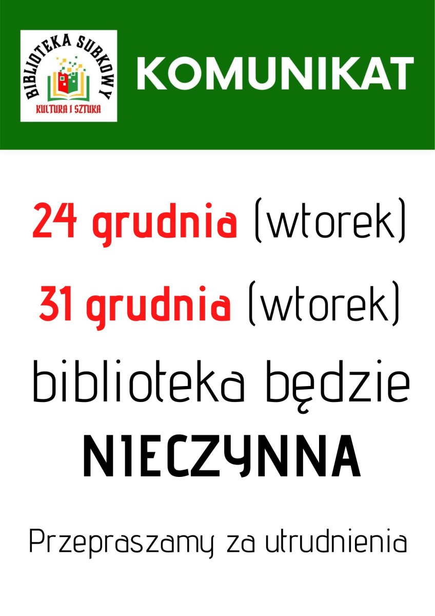 plakat, białe tło, zielony pasek, logo biblioteki, napisy czarne, białe i czerwone