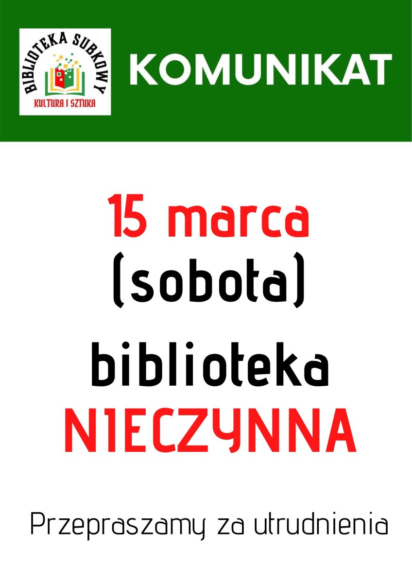 plakat, białe tło, zielony pasek, logo biblioteki, napisy czarne, białe i czerwone