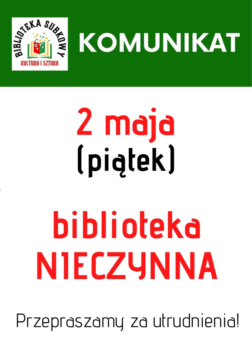 plakat, białe tło, zielony pasek, logo biblioteki, napisy czarne, białe i czerwone