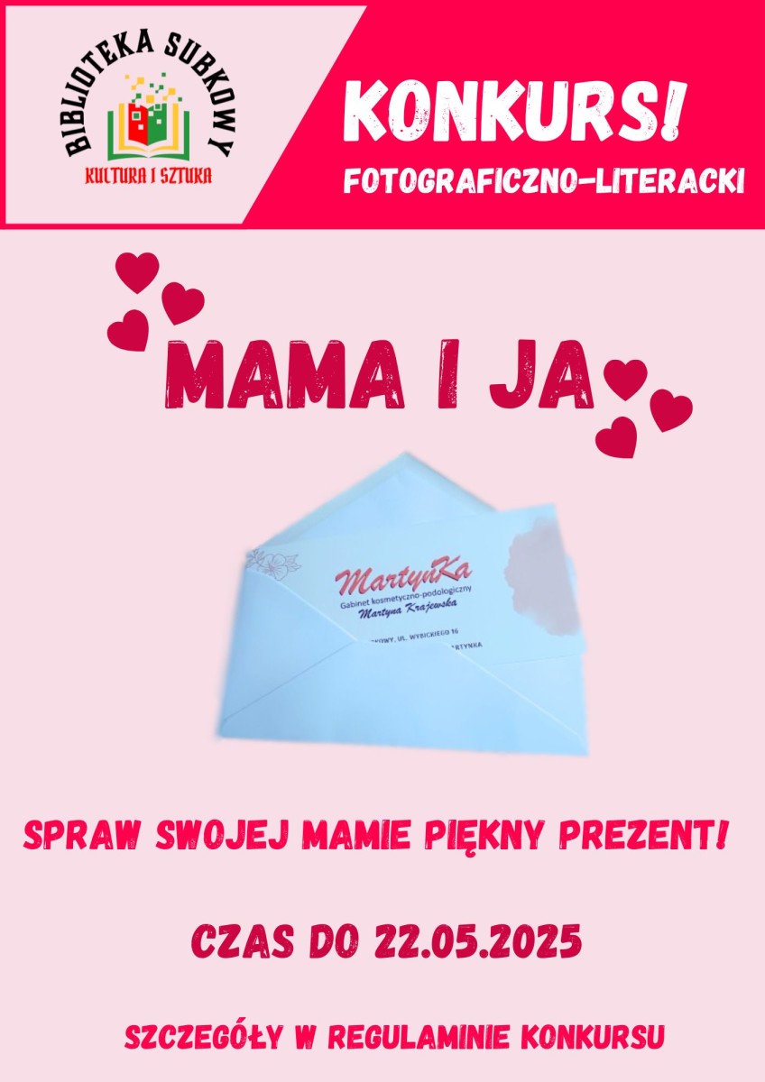 plakat, różowy kolor, logo biblioteki, czerwone literki, zdjęcie koperty