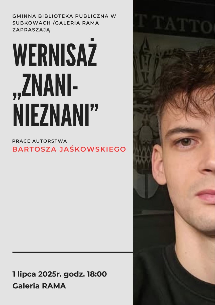 plakat, czarne tło, białe i czerwone napisy, obrazy, logo biblioteki