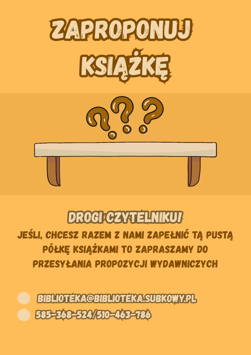na piaskowym tle napisy beżowe, pusta półka na książki, znaki zapytania