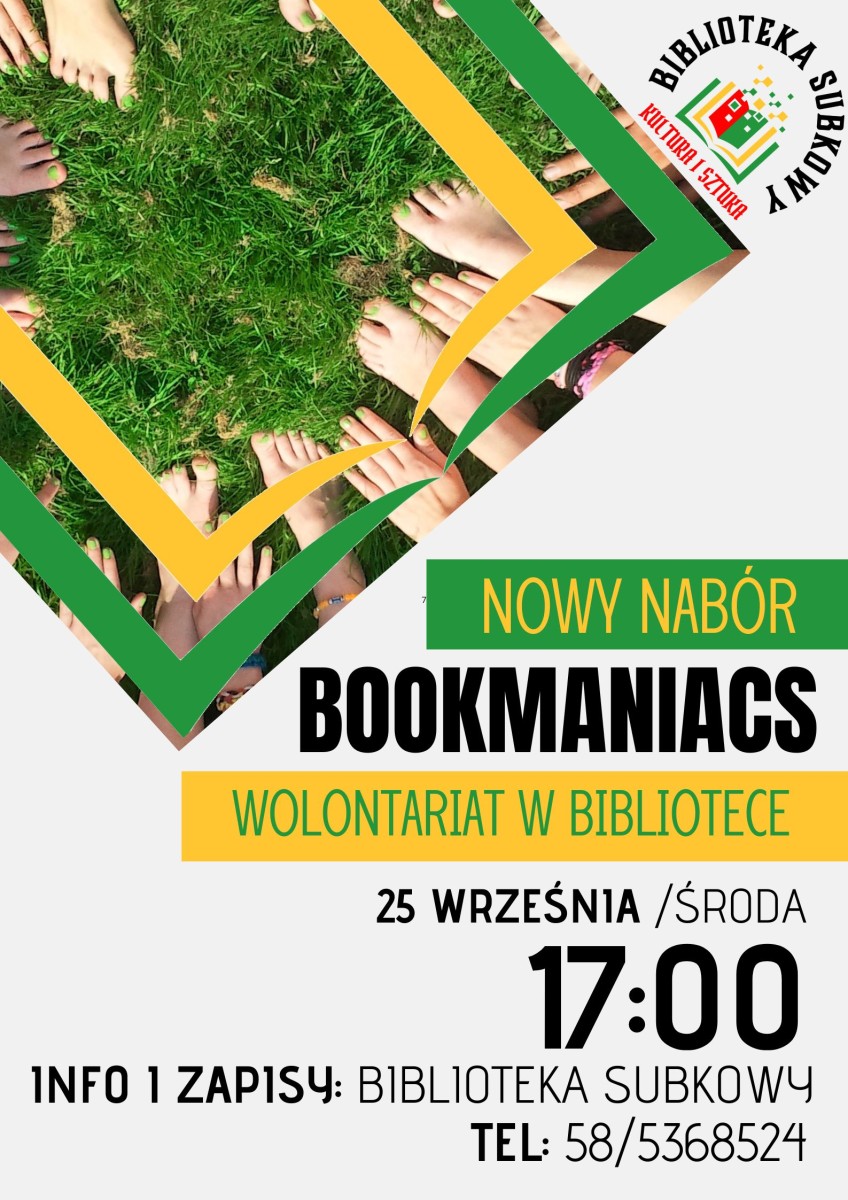 plakat informacyjny, w rogu zdjęcie stóp i dłoni na trawie, logo biblioteki, czarne, zielone i żółte napisy, ozdobne paski zielony i żółty