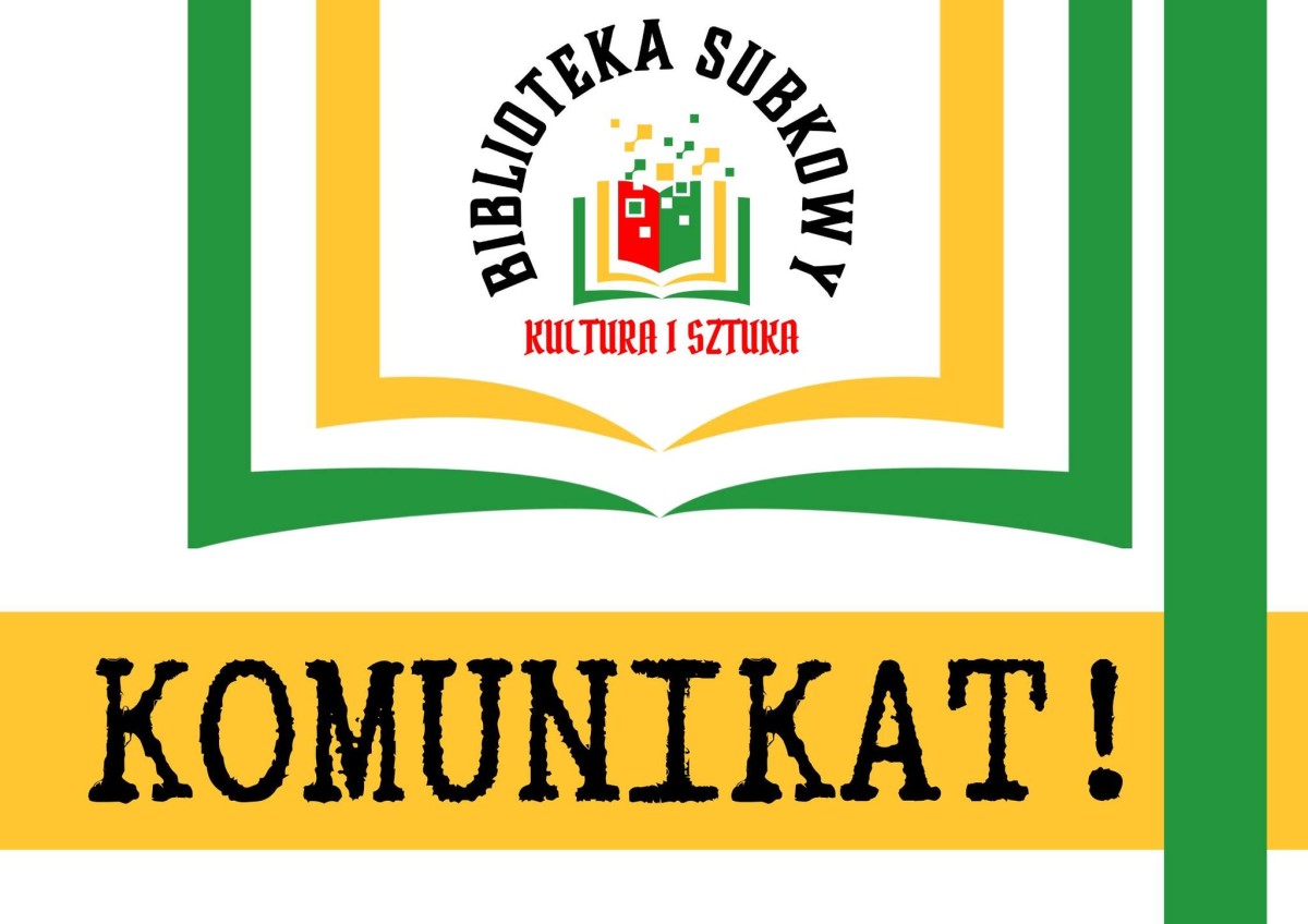plakat, białe tło, zielony, żółty pasek, logo biblioteki, napisy czarne, czerwone